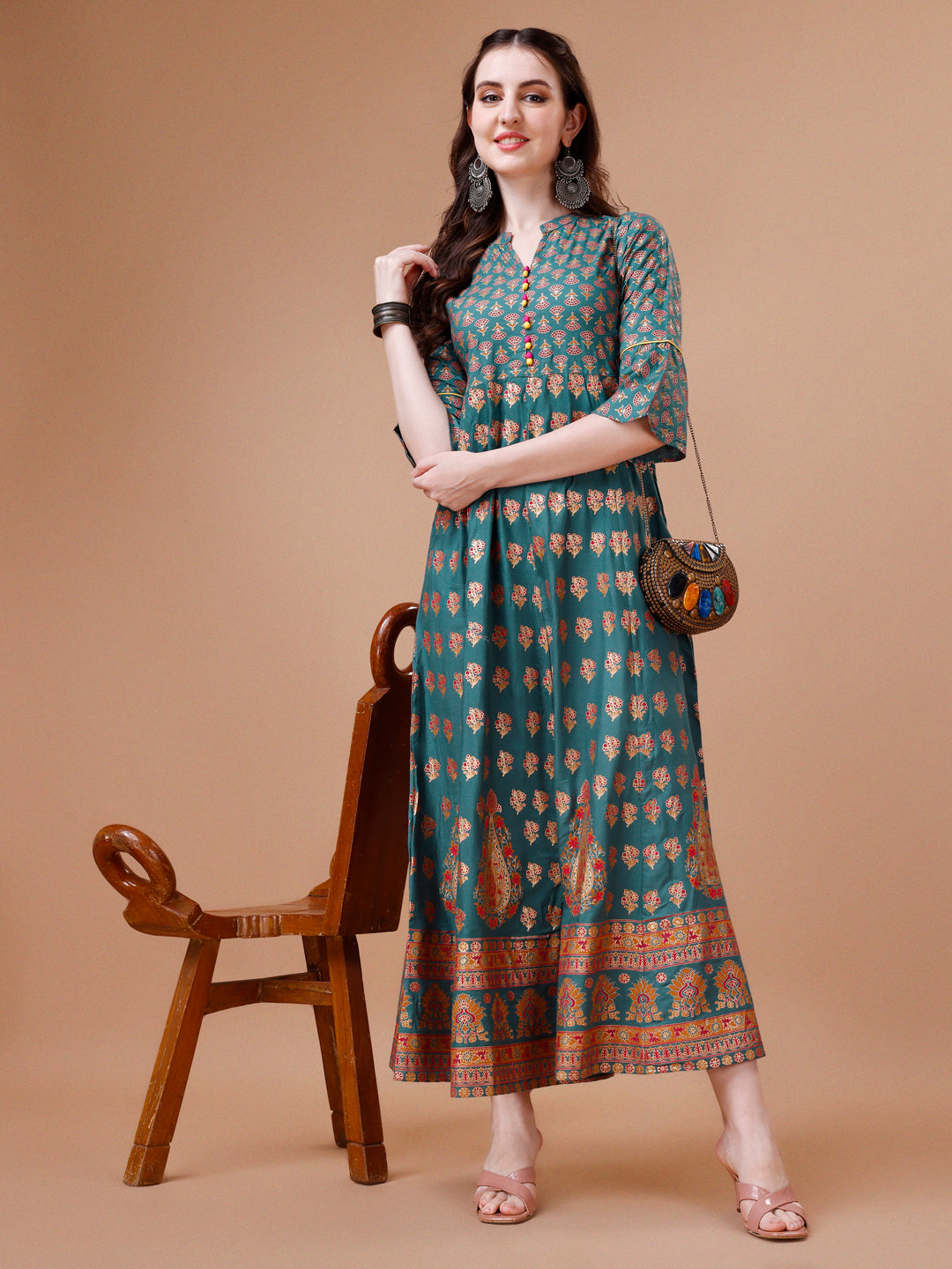 Rayon Ethnic Motifs Printed Flared Kurta, Multicolor - Hiral Fashion