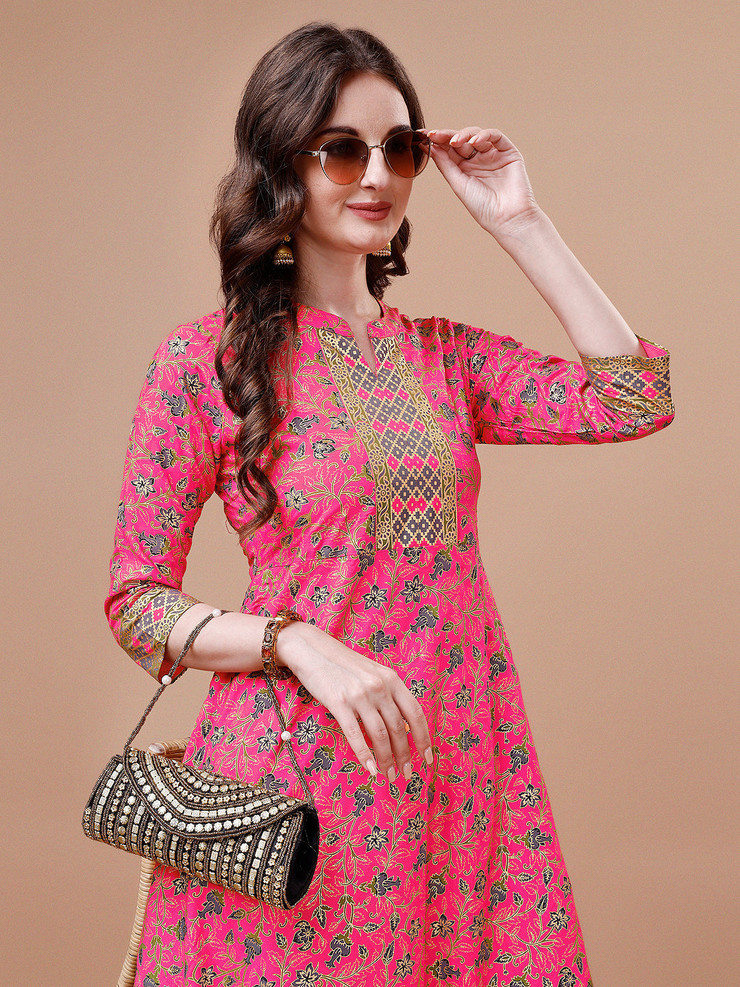 Printed Full Neck Pink Rayon Ethnic Dress, Multicolor - Hiral Fashion
