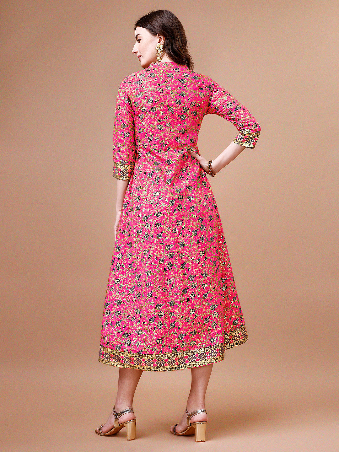 Printed Full Neck Pink Rayon Ethnic Dress, Multicolor - Hiral Fashion