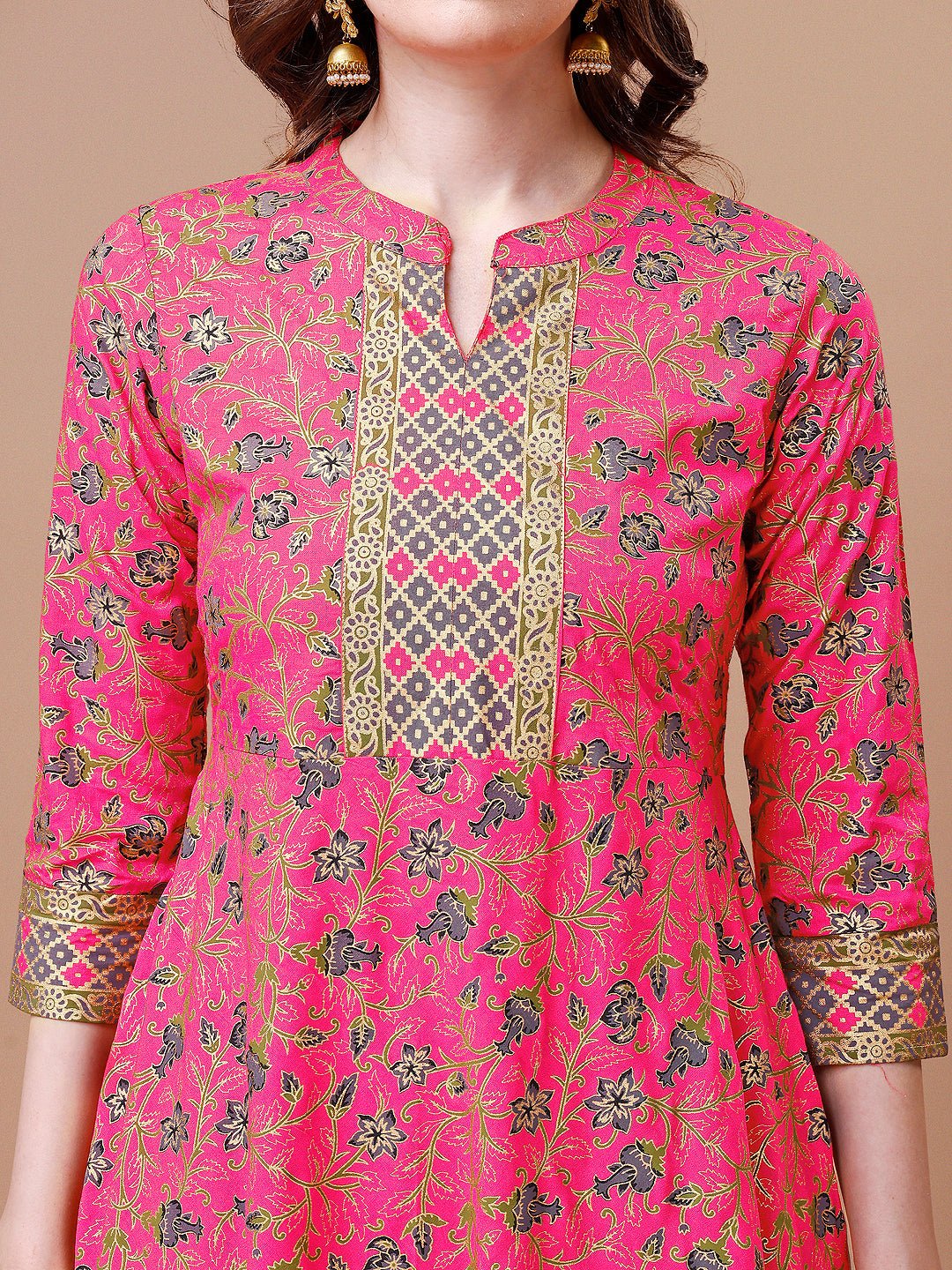 Printed Full Neck Pink Rayon Ethnic Dress, Multicolor - Hiral Fashion