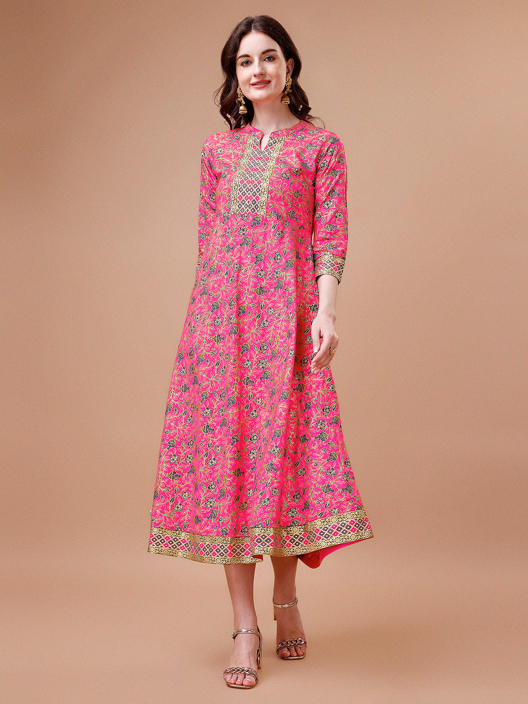 Printed Full Neck Pink Rayon Ethnic Dress, Multicolor - Hiral Fashion
