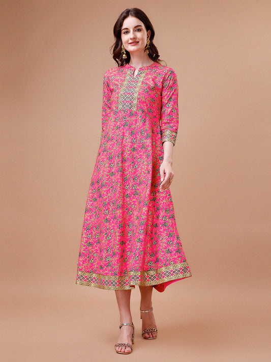Printed Full Neck Pink Rayon Ethnic Dress, Multicolor - Hiral Fashion