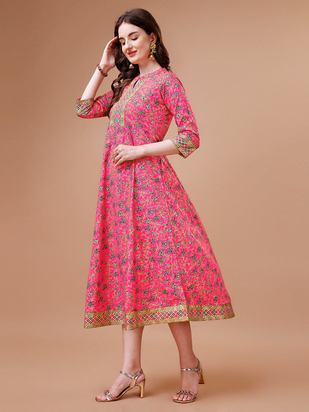 Printed Full Neck Pink Rayon Ethnic Dress, Multicolor - Hiral Fashion