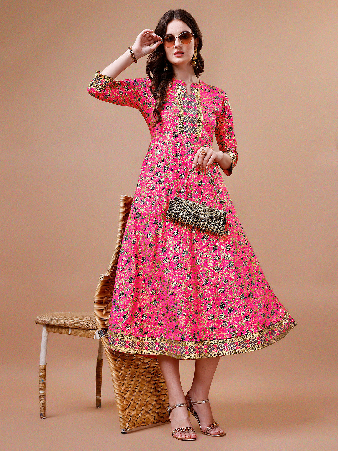Printed Full Neck Pink Rayon Ethnic Dress, Multicolor - Hiral Fashion