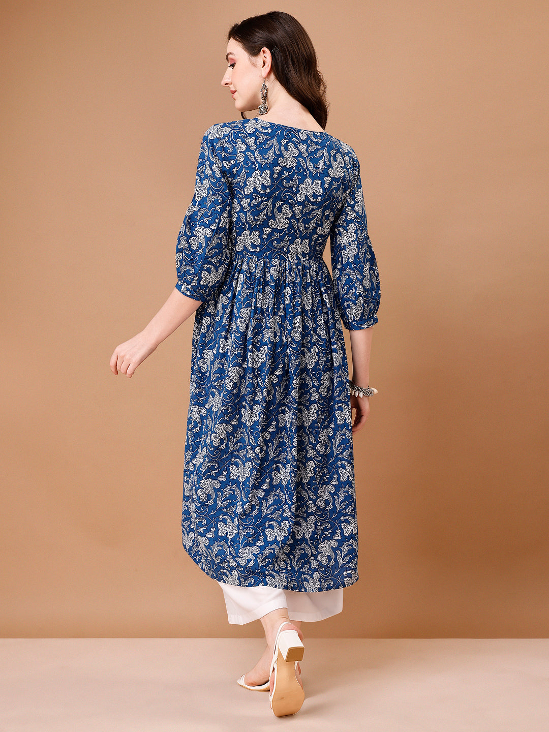 Floral Printed Flared Tie Up Neck Kurta, Multicolor - Hiral Fashion