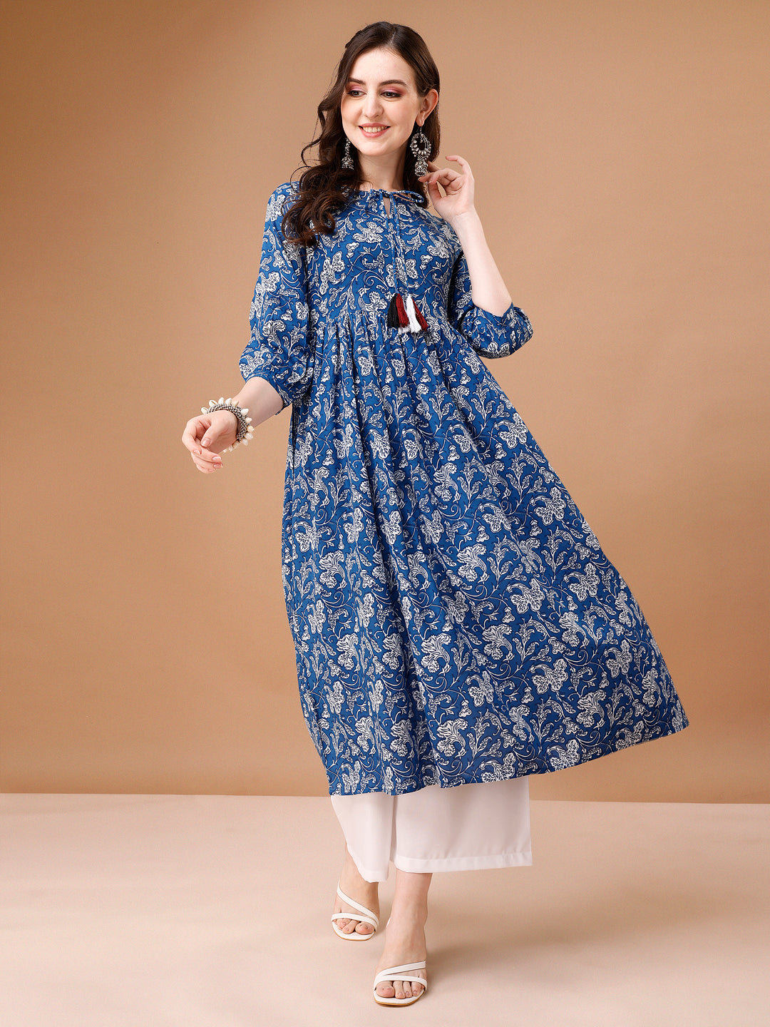 Floral Printed Flared Tie Up Neck Kurta, Multicolor - Hiral Fashion