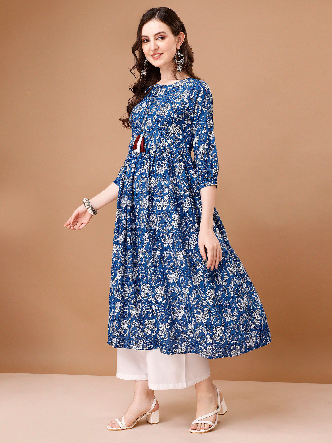 Floral Printed Flared Tie Up Neck Kurta, Multicolor - Hiral Fashion
