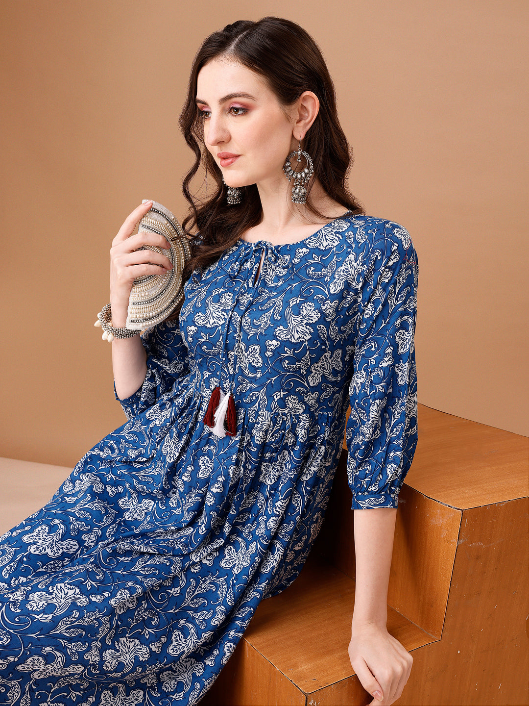 Floral Printed Flared Tie Up Neck Kurta, Multicolor - Hiral Fashion