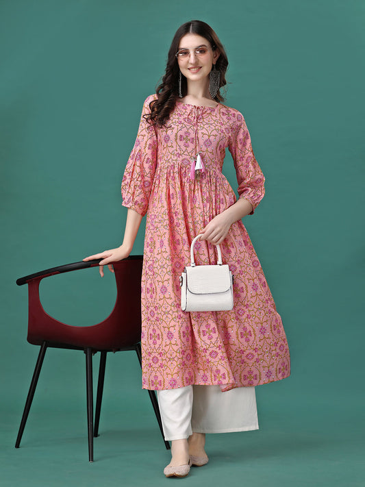 Floral Printed Flared Tie Up Neck Kurta, Multicolor - Hiral Fashion