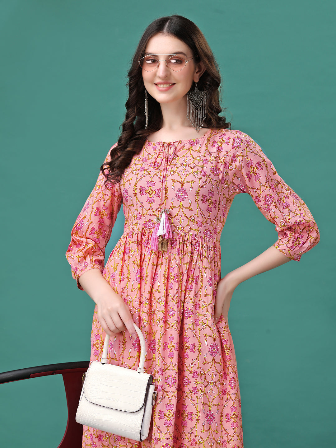 Floral Printed Flared Tie Up Neck Kurta, Multicolor - Hiral Fashion