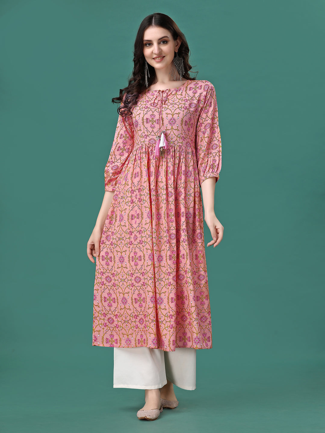 Floral Printed Flared Tie Up Neck Kurta, Multicolor - Hiral Fashion