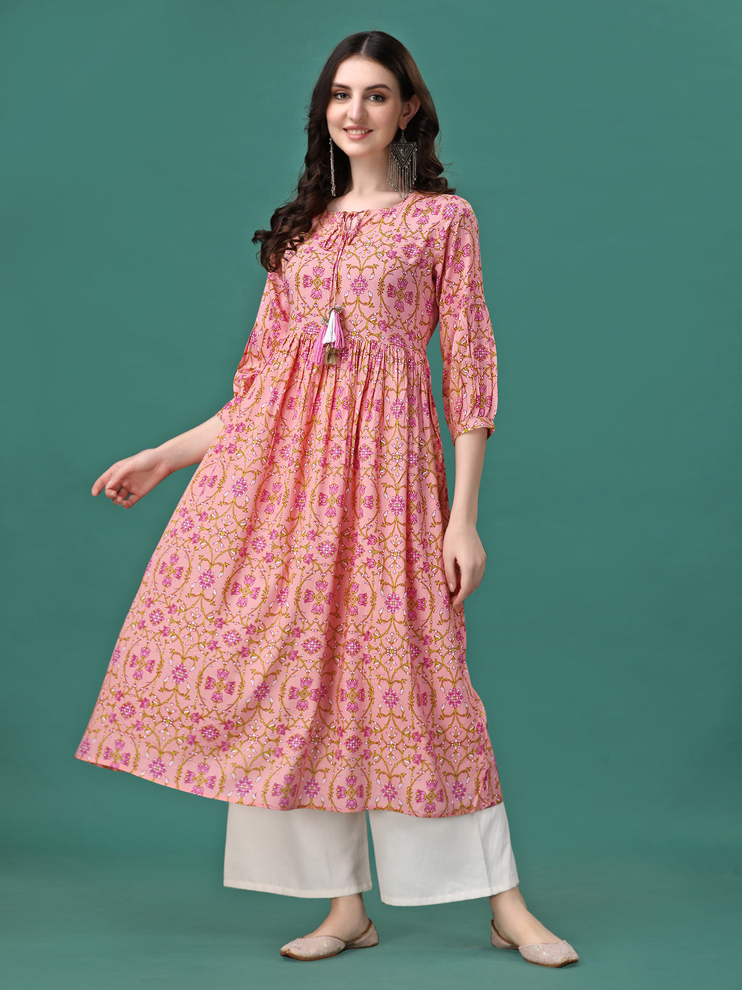 Floral Printed Flared Tie Up Neck Kurta, Multicolor - Hiral Fashion