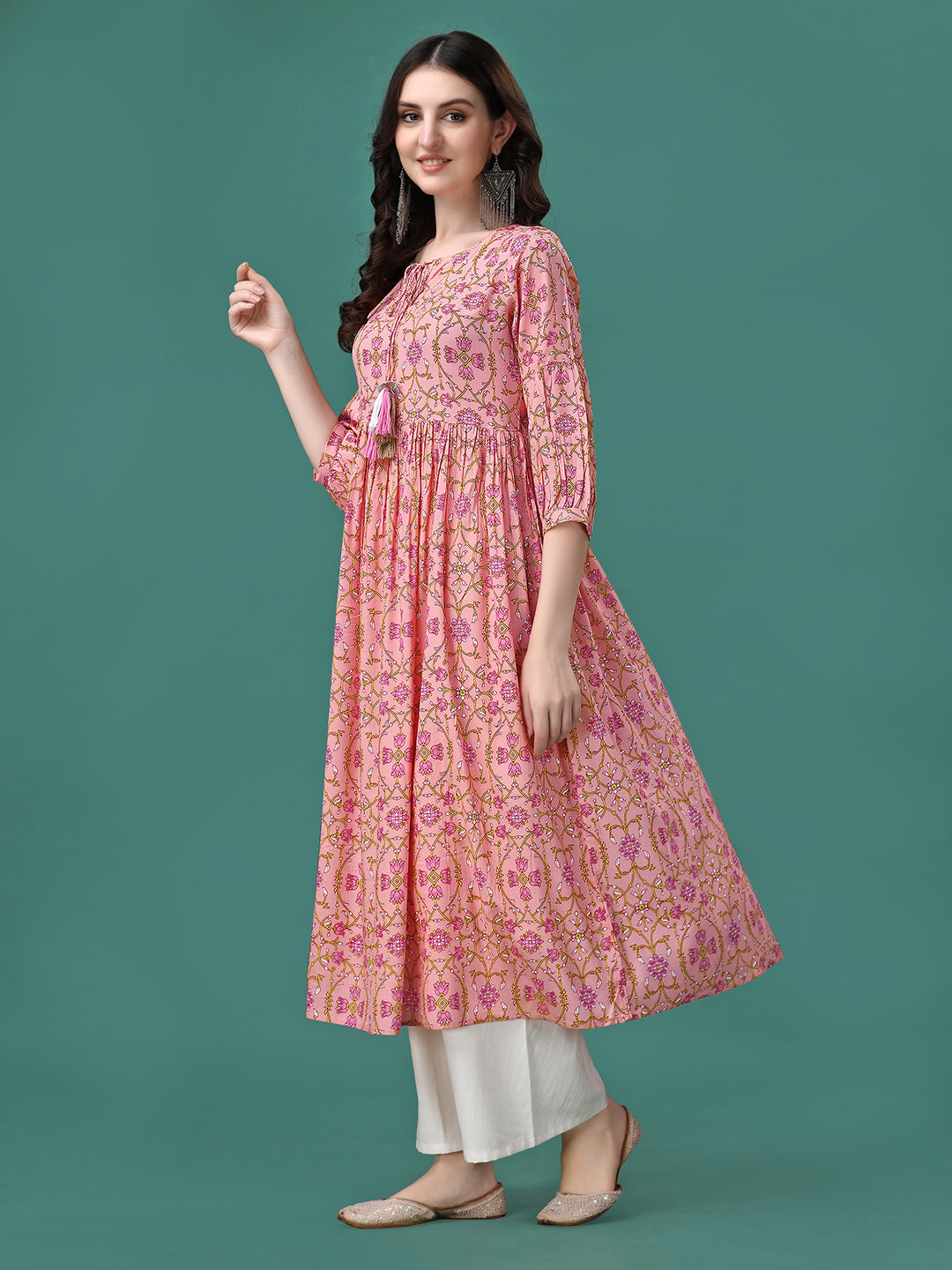 Floral Printed Flared Tie Up Neck Kurta, Multicolor - Hiral Fashion