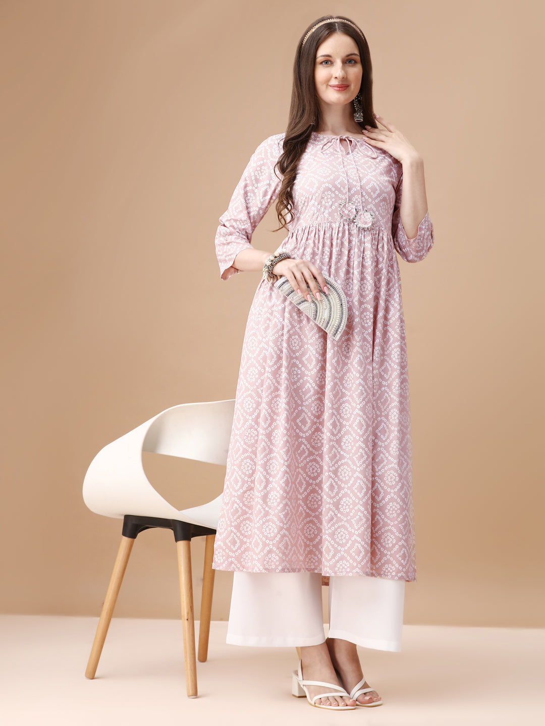 Bandhani Printed Flared Tie Up Neck Kurta, Multicolor - Hiral Fashion