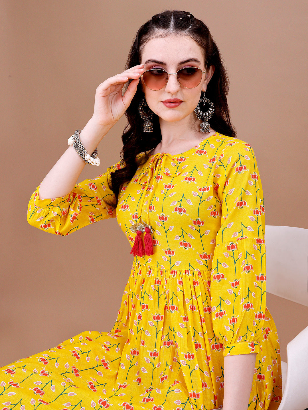 Floral Printed Flared Tie Up Neck Kurta, Multicolor - Hiral Fashion