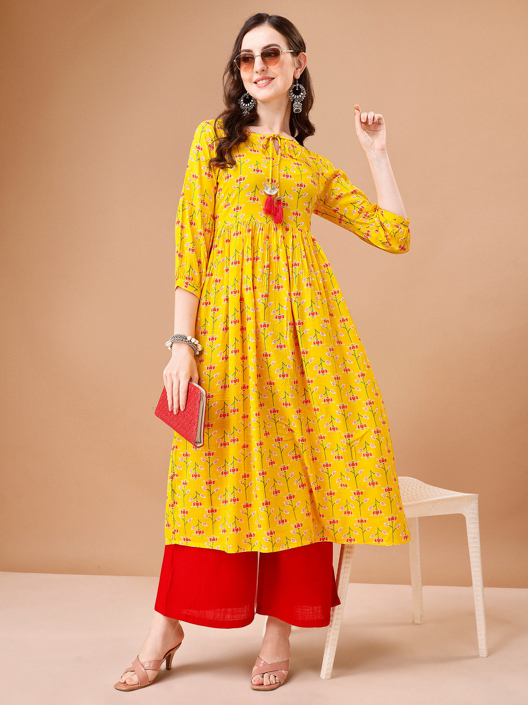 Floral Printed Flared Tie Up Neck Kurta, Multicolor - Hiral Fashion