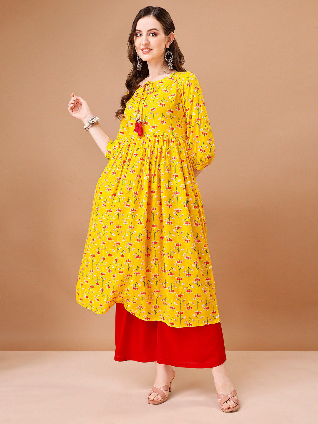 Floral Printed Flared Tie Up Neck Kurta, Multicolor - Hiral Fashion