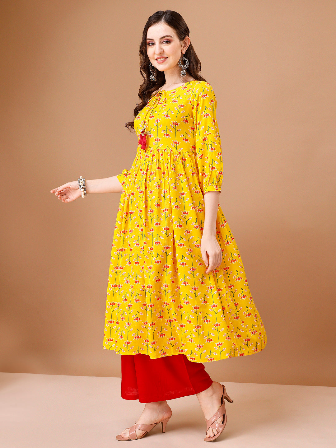 Floral Printed Flared Tie Up Neck Kurta, Multicolor - Hiral Fashion