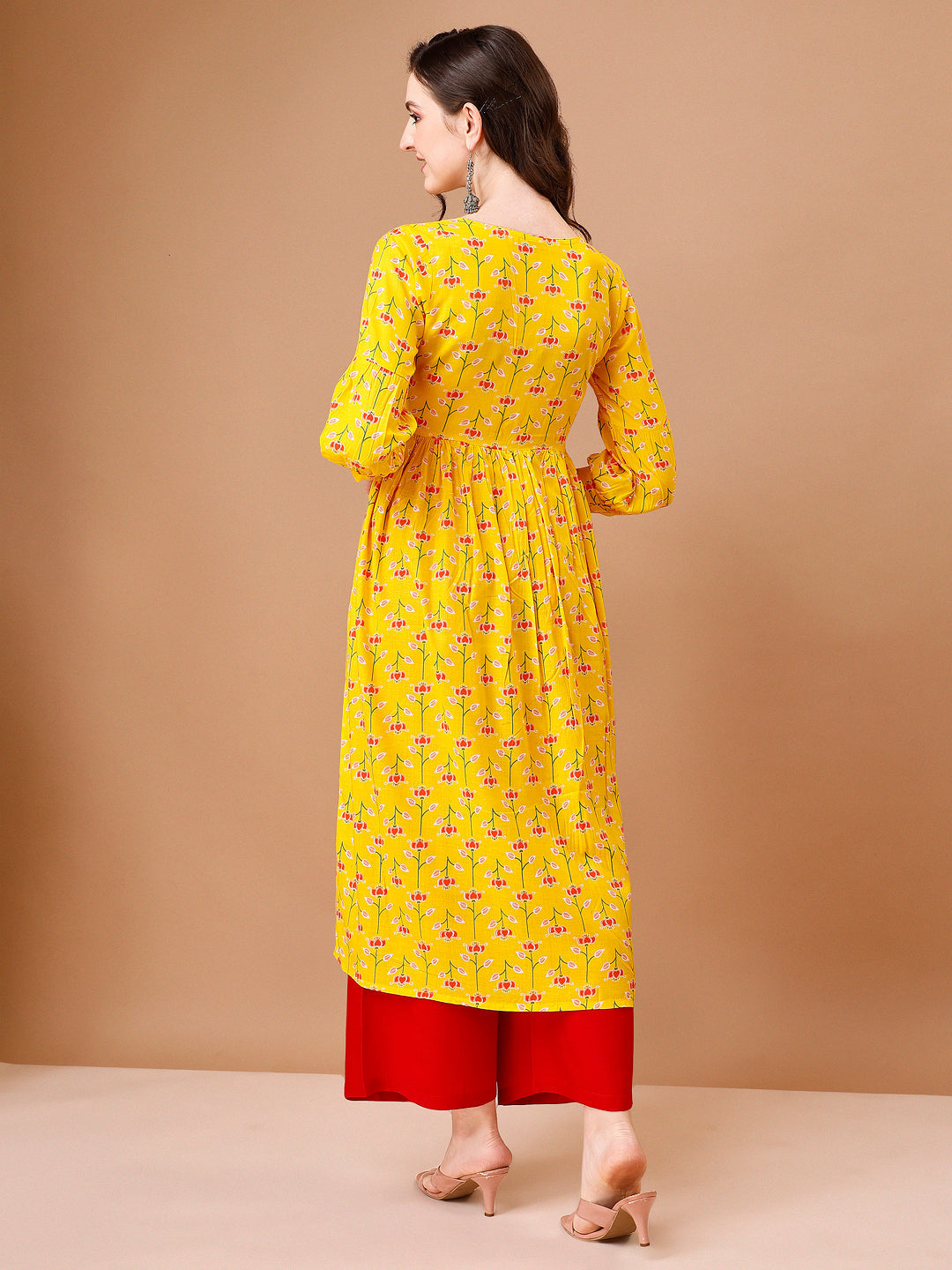 Floral Printed Flared Tie Up Neck Kurta, Multicolor - Hiral Fashion