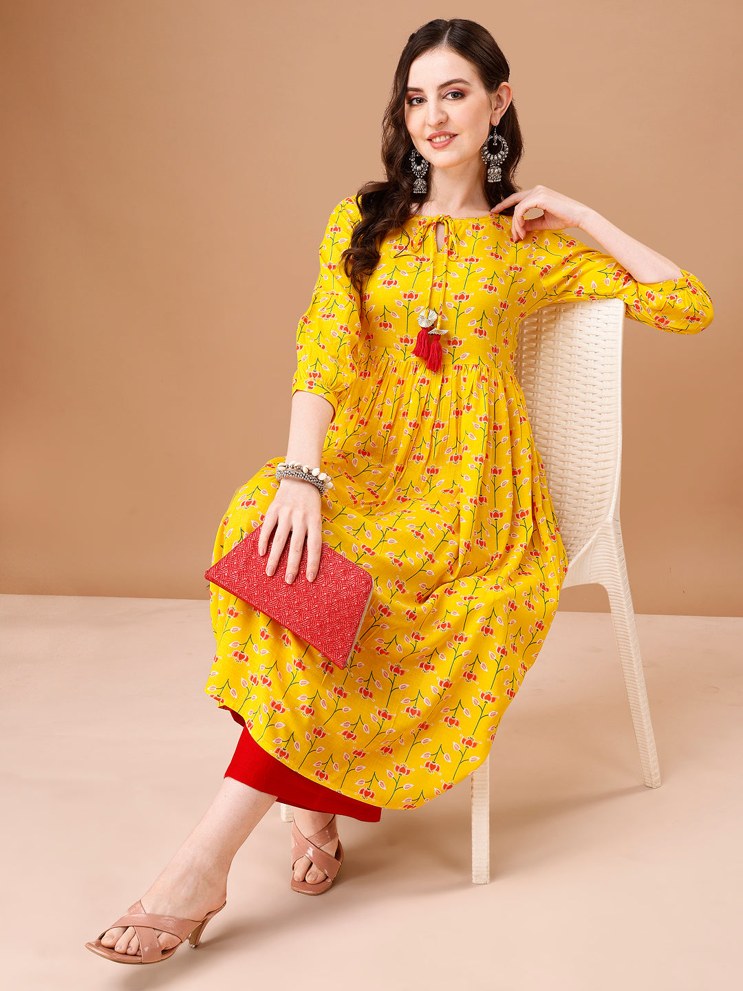 Floral Printed Flared Tie Up Neck Kurta, Multicolor - Hiral Fashion