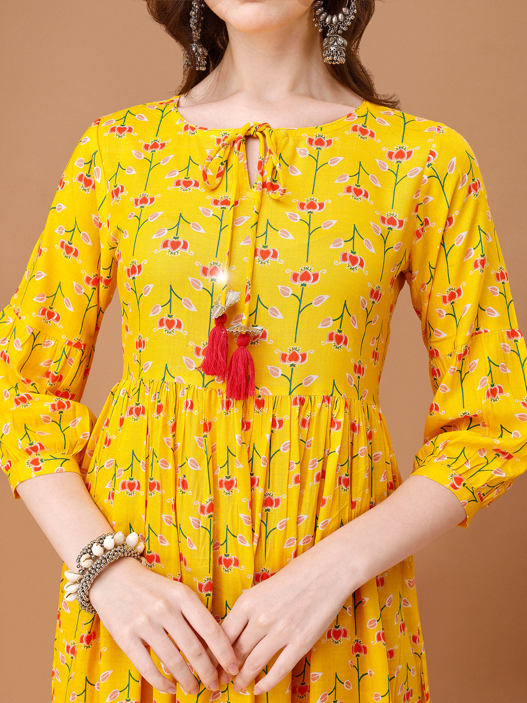 Floral Printed Flared Tie Up Neck Kurta, Multicolor - Hiral Fashion