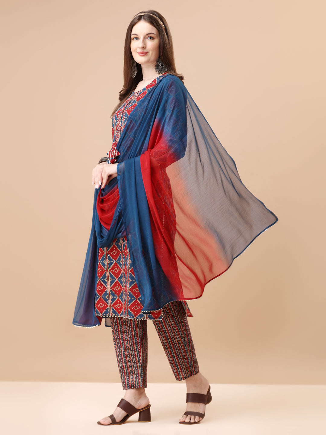 Printed & Little Mirror Embellished Kurta With Pant & Dupatta, Multicolor - Hiral Fashion