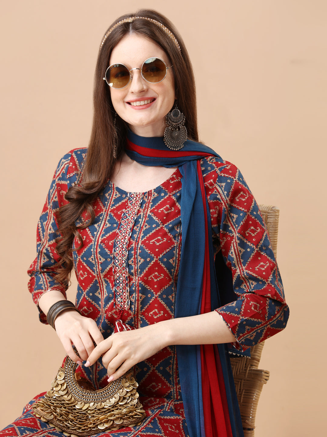 Printed & Little Mirror Embellished Kurta With Pant & Dupatta, Multicolor - Hiral Fashion