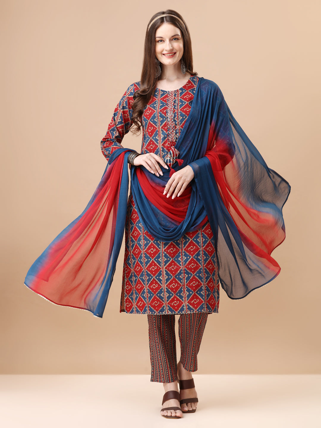Printed & Little Mirror Embellished Kurta With Pant & Dupatta, Multicolor - Hiral Fashion