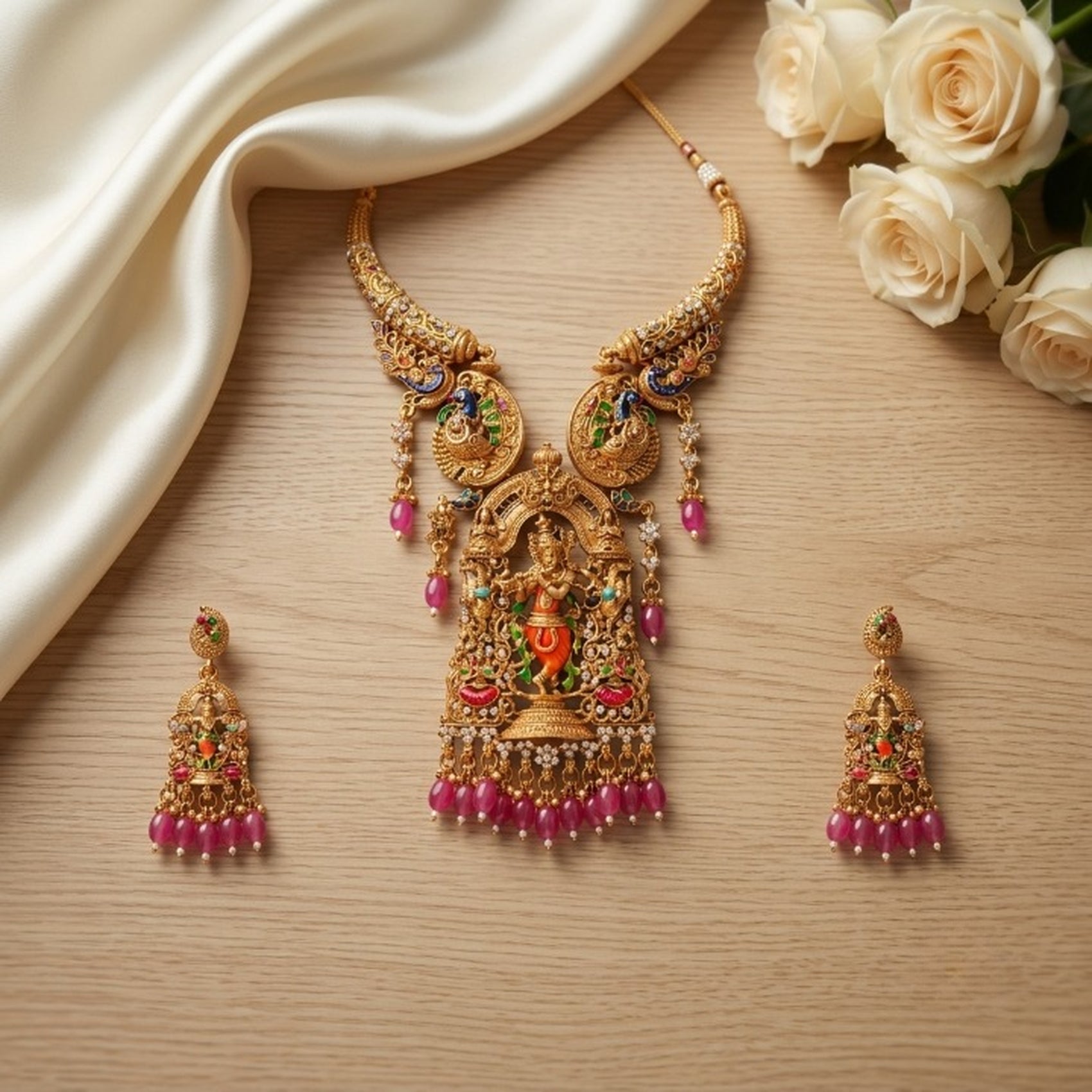 Jewel City Antique Gold Plated South Indian Temple Jewelry Set - Krishna Motif Necklace with Jhumka Earrings for Weddings