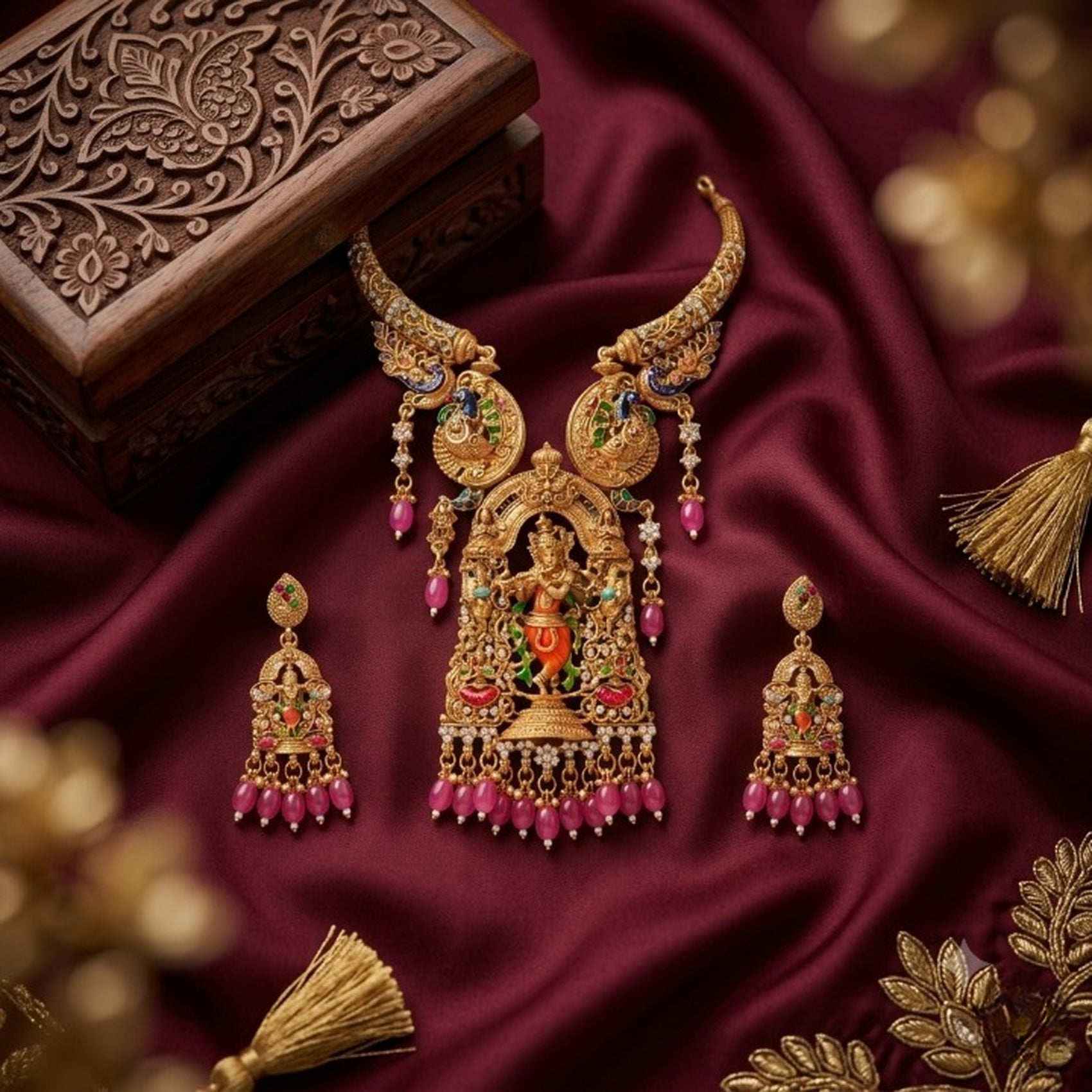 Jewel City Antique Gold Plated South Indian Temple Jewelry Set - Krishna Motif Necklace with Jhumka Earrings for Weddings