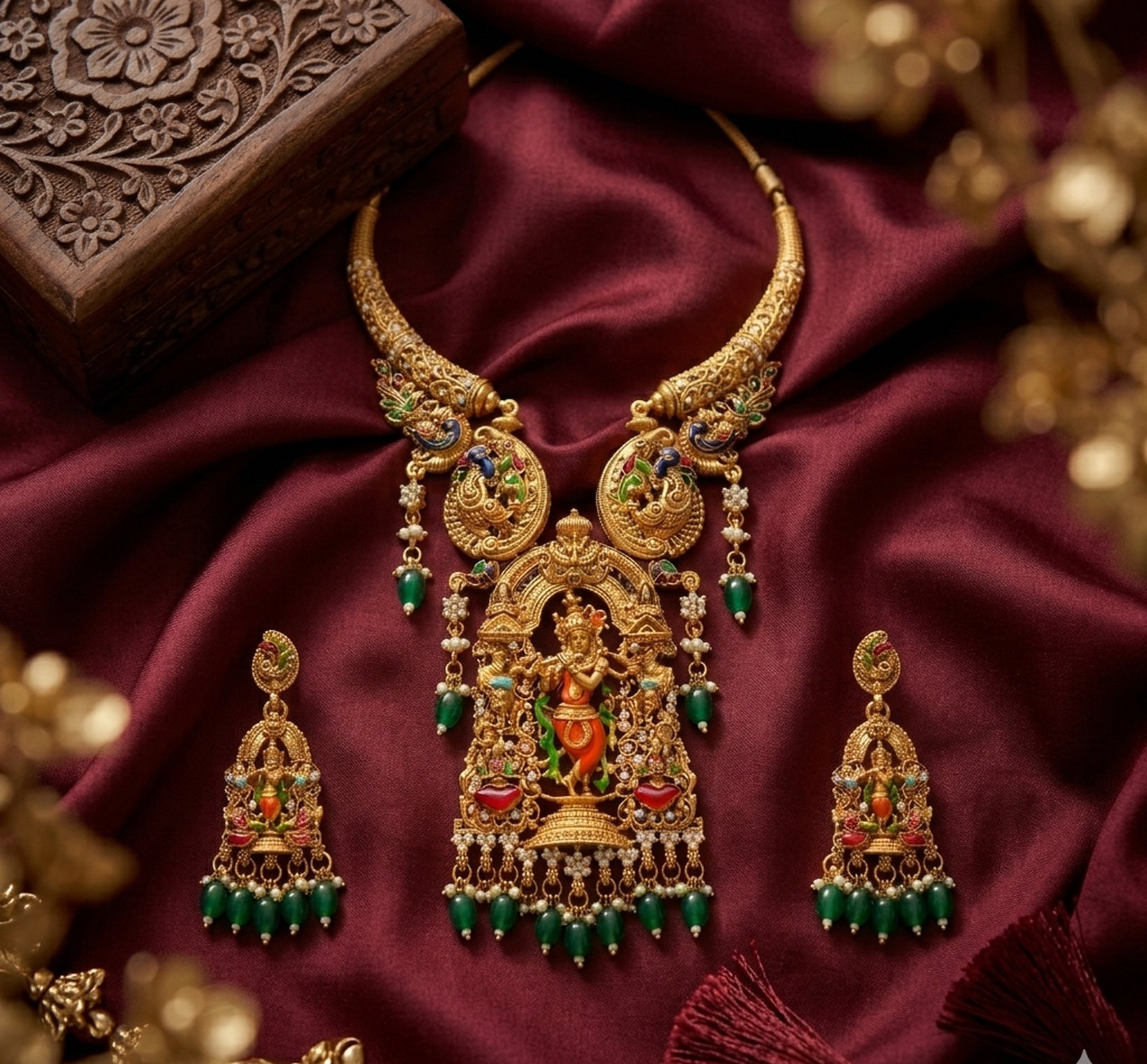 Jewel City Antique Gold Plated South Indian Temple Jewelry Set - Krishna Motif Necklace with Jhumka Earrings for Weddings