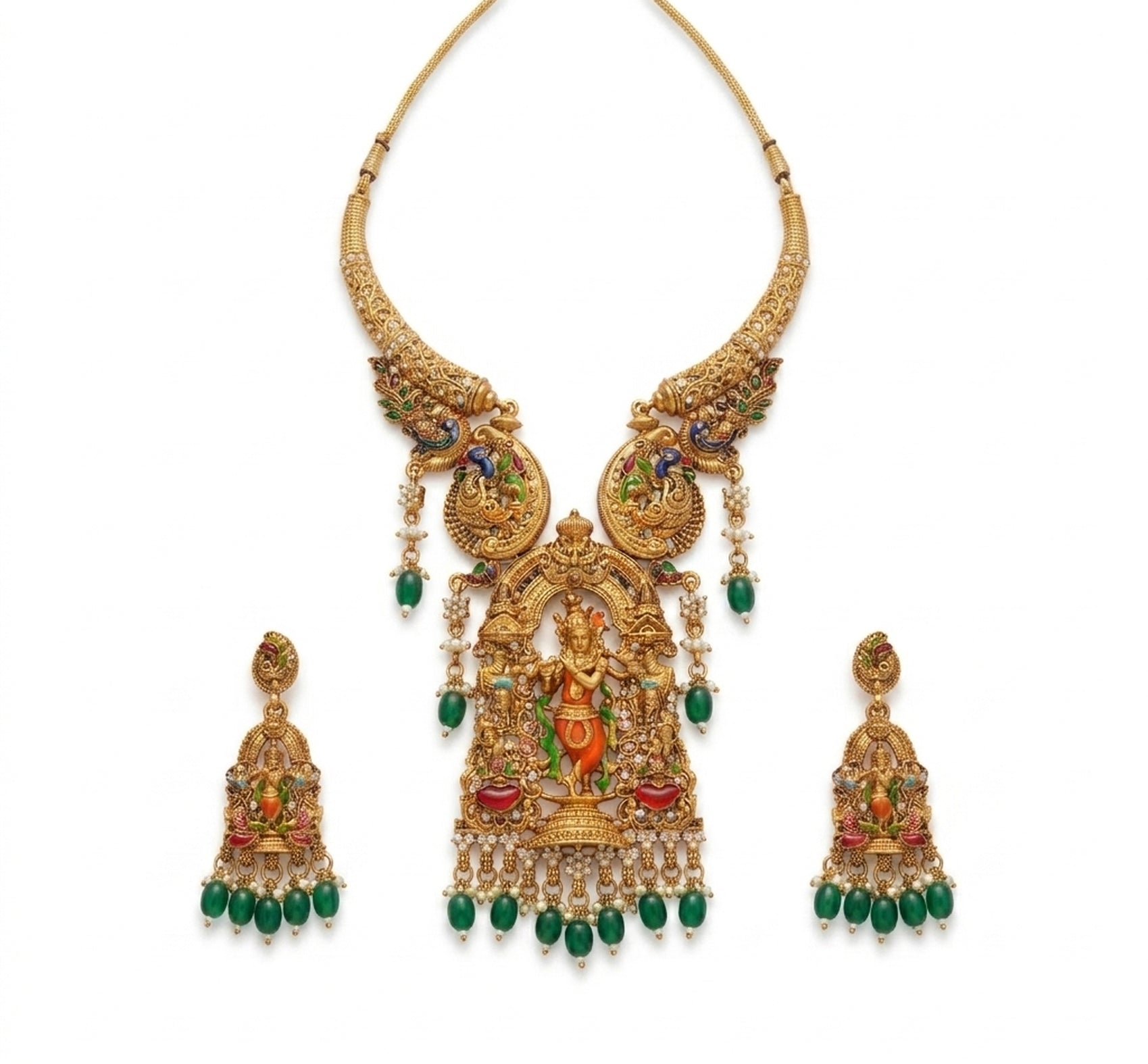 Jewel City Antique Gold Plated South Indian Temple Jewelry Set - Krishna Motif Necklace with Jhumka Earrings for Weddings
