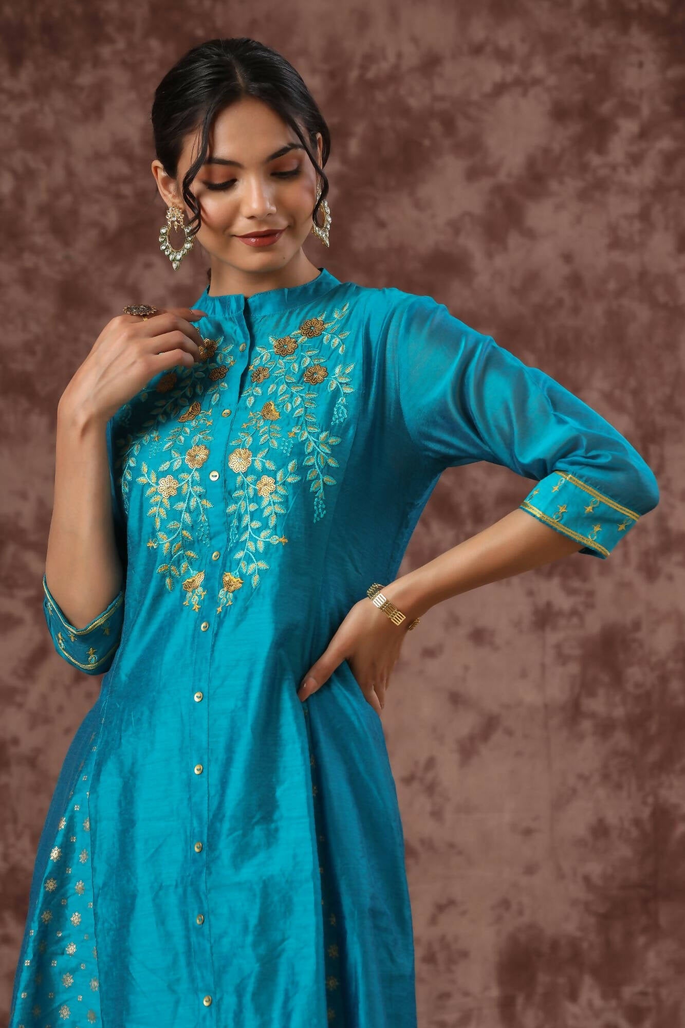 Juniper Women Teal Chanderi Silk Embroidered & Printed Anarkali Kurta