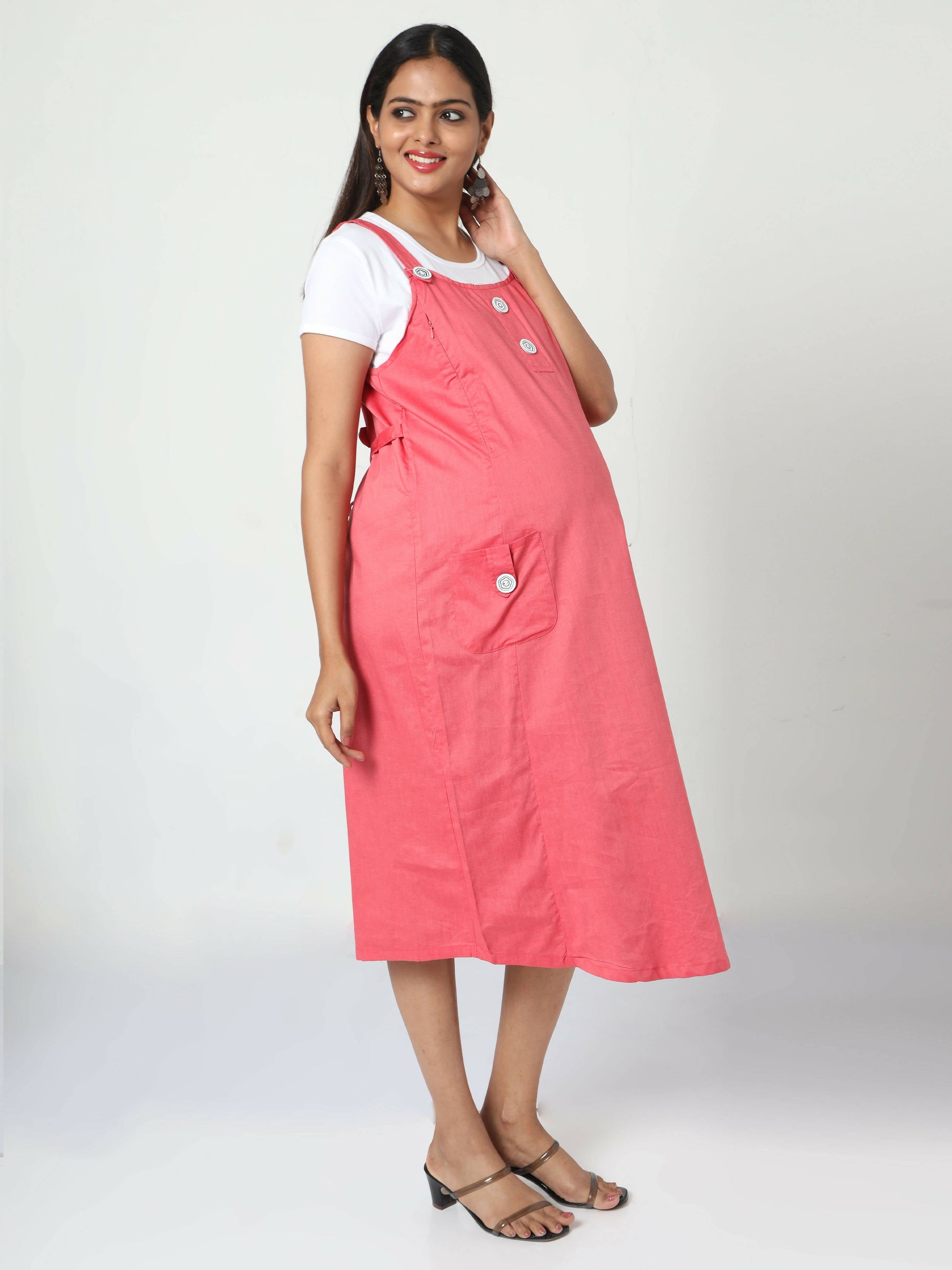 Manet Half Sleeves Solid Maternity Dress With Concealed Zipper Nursing Access - Red
