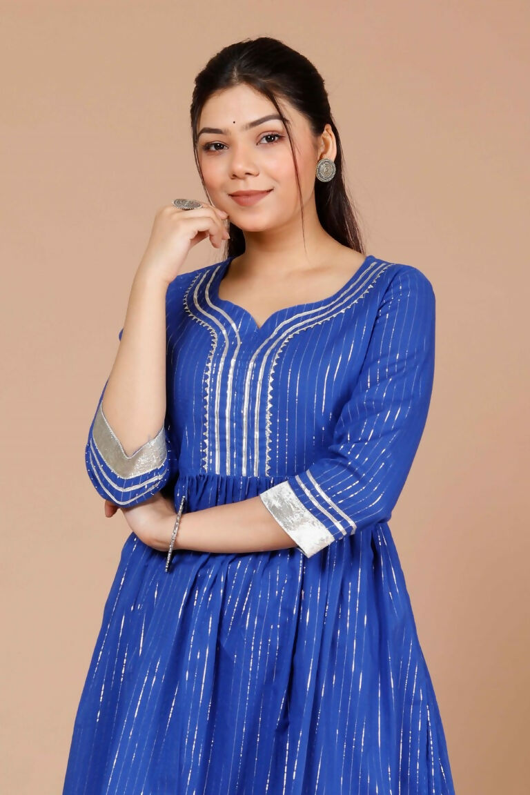 Miravan Women's Blue Printed Pure Cotton A-Line Kurti With Sharara