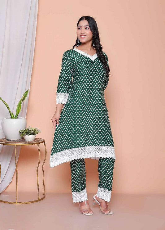 Miravan Womens Green Rayon Zigzag Print Kurta With Palazzo Set