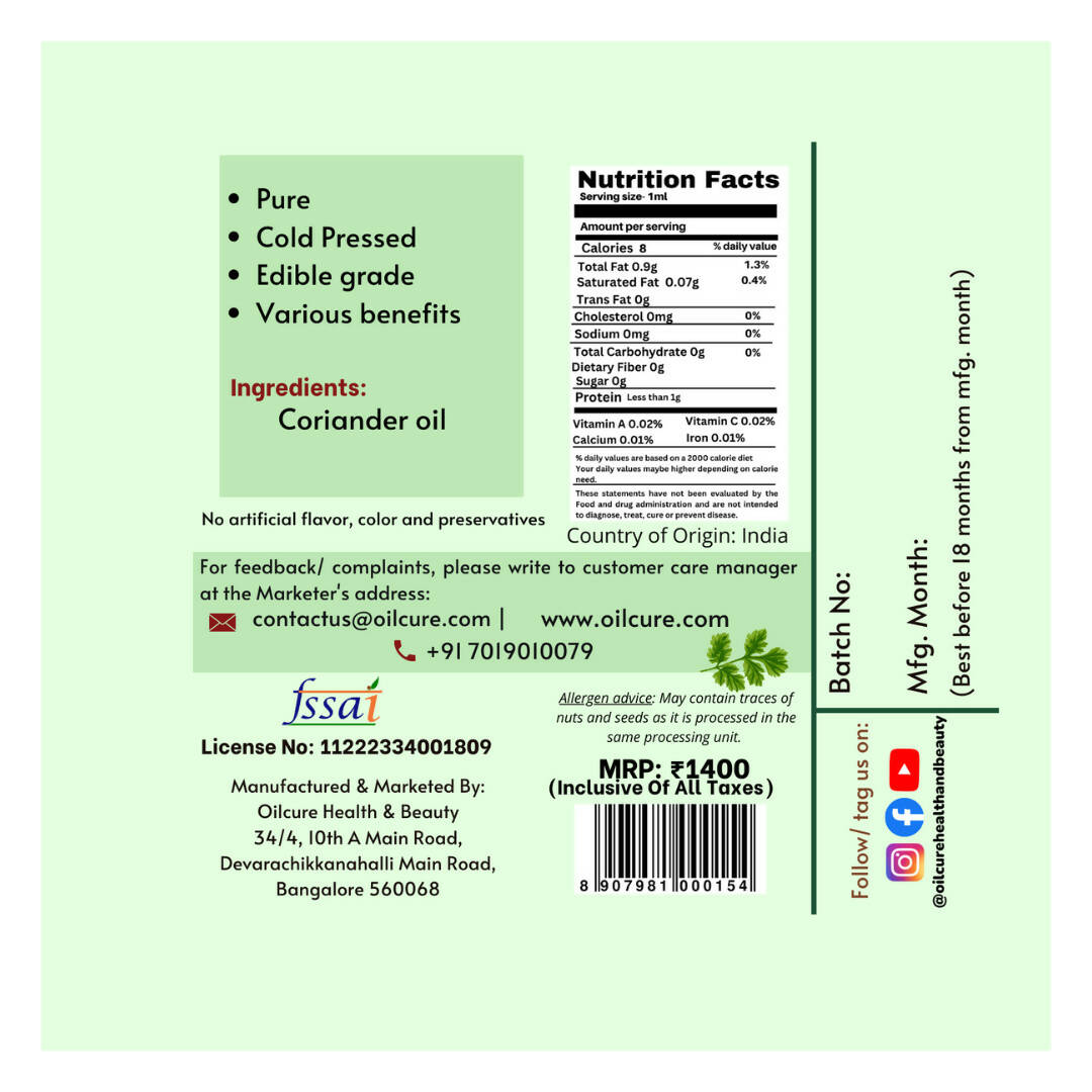 Oilcure Coriander Seed Oil Cold Pressed 