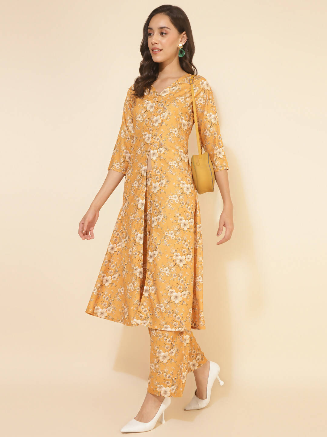 Janasya Women's Mustard Moss Floral Printed Casual Front Slit Co-ords 