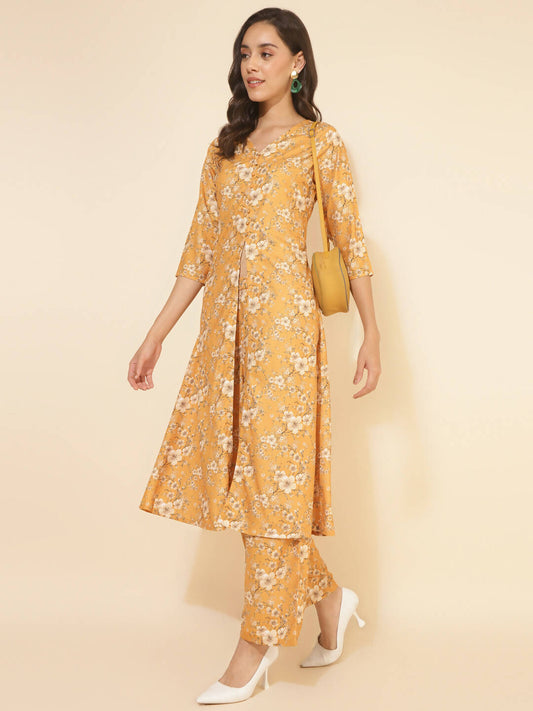 Janasya Women's Mustard Moss Floral Printed Casual Front Slit Co-ords 