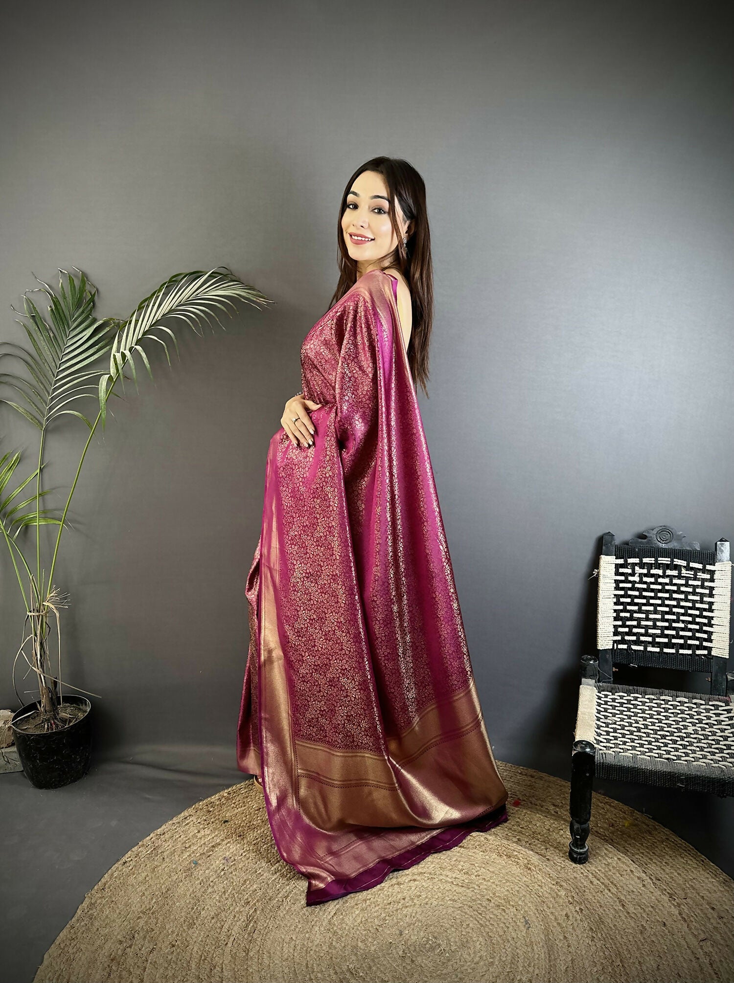 Joban Fashion Purple Floral Motifs & Ethnic Design Soft Satin Silk Kanchipuram Saree