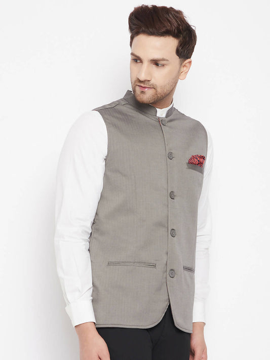Even Apparels Grey Polyester Men's Nehru Jacket-Contrast Lining-Inbuilt Pocket Square 