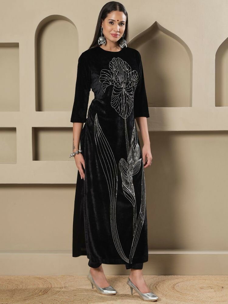 Joban Fashion Women Black Velvet Hand Embellishment Stitched Kurta Set