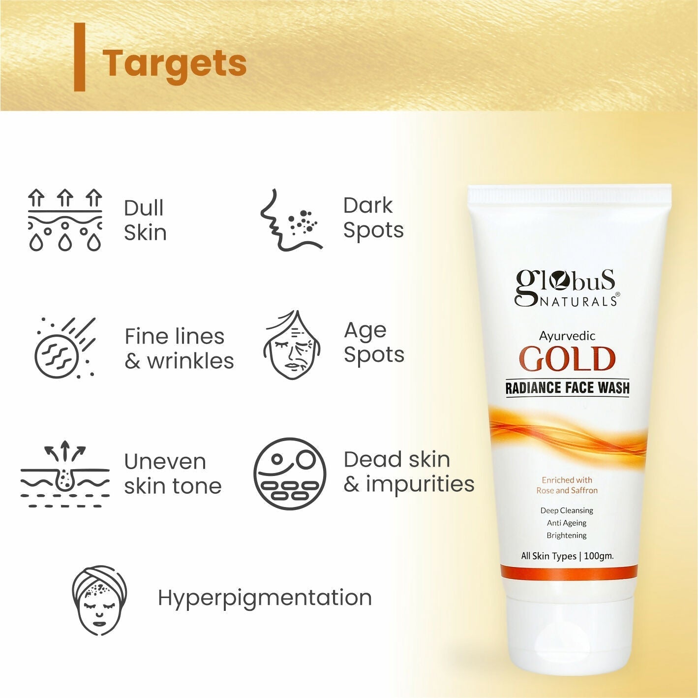 Globus Naturals Gold Radiance Anti Ageing & Brightening Face Wash | Swadesiicart