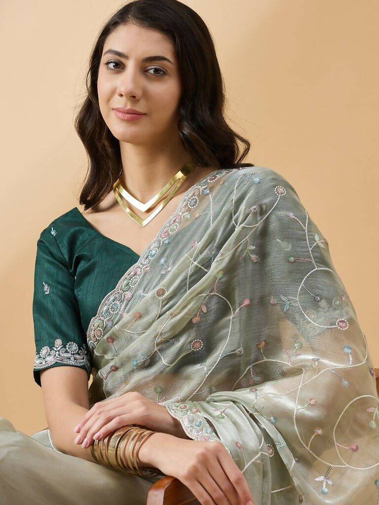 Green Organza Sequence Embroidered Saree with Unstitched Blouse - Satya