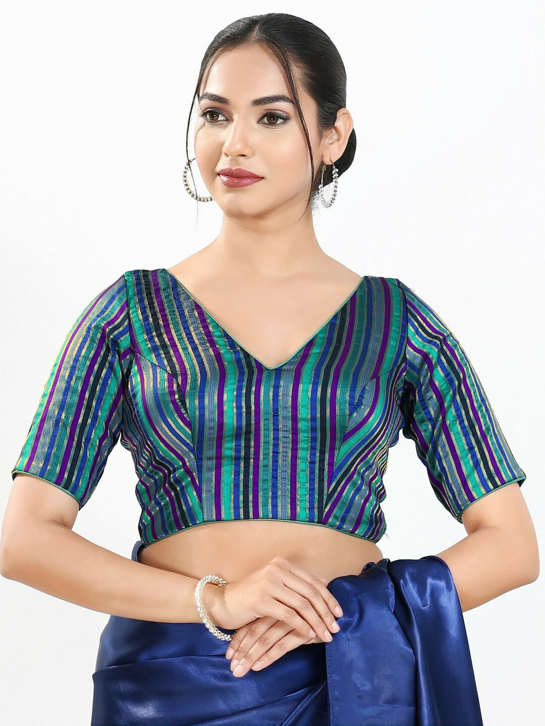Joban Fashion Blue Multi Brocade Padded Blouse With V Neck Elbow Sleeves