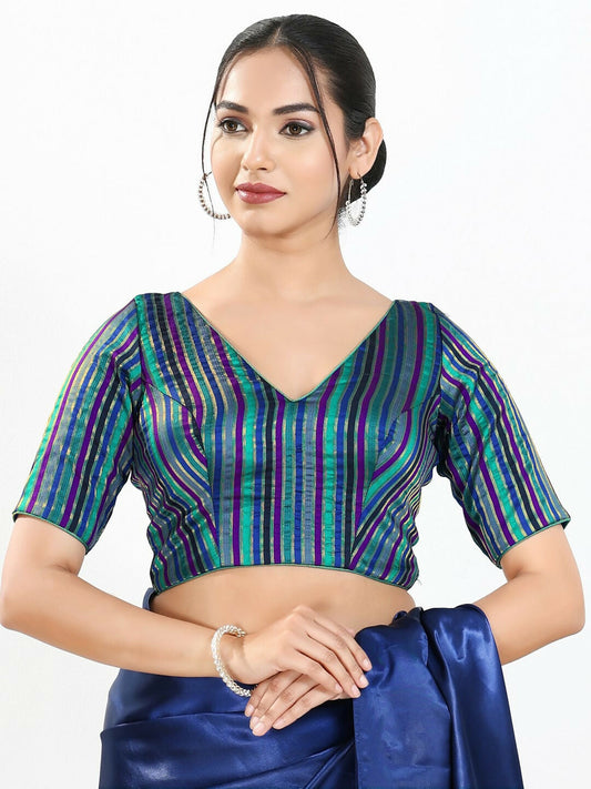 Joban Fashion Blue Multi Brocade Padded Blouse With V Neck Elbow Sleeves