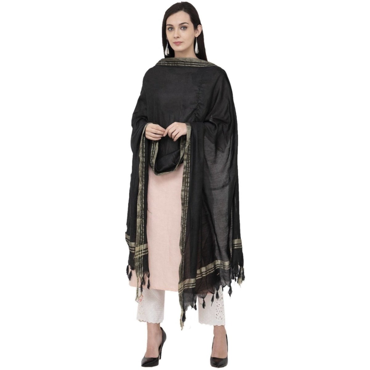 A R Silk Golden Border Regular Dupatta Color Black Dupatta or Chunni 