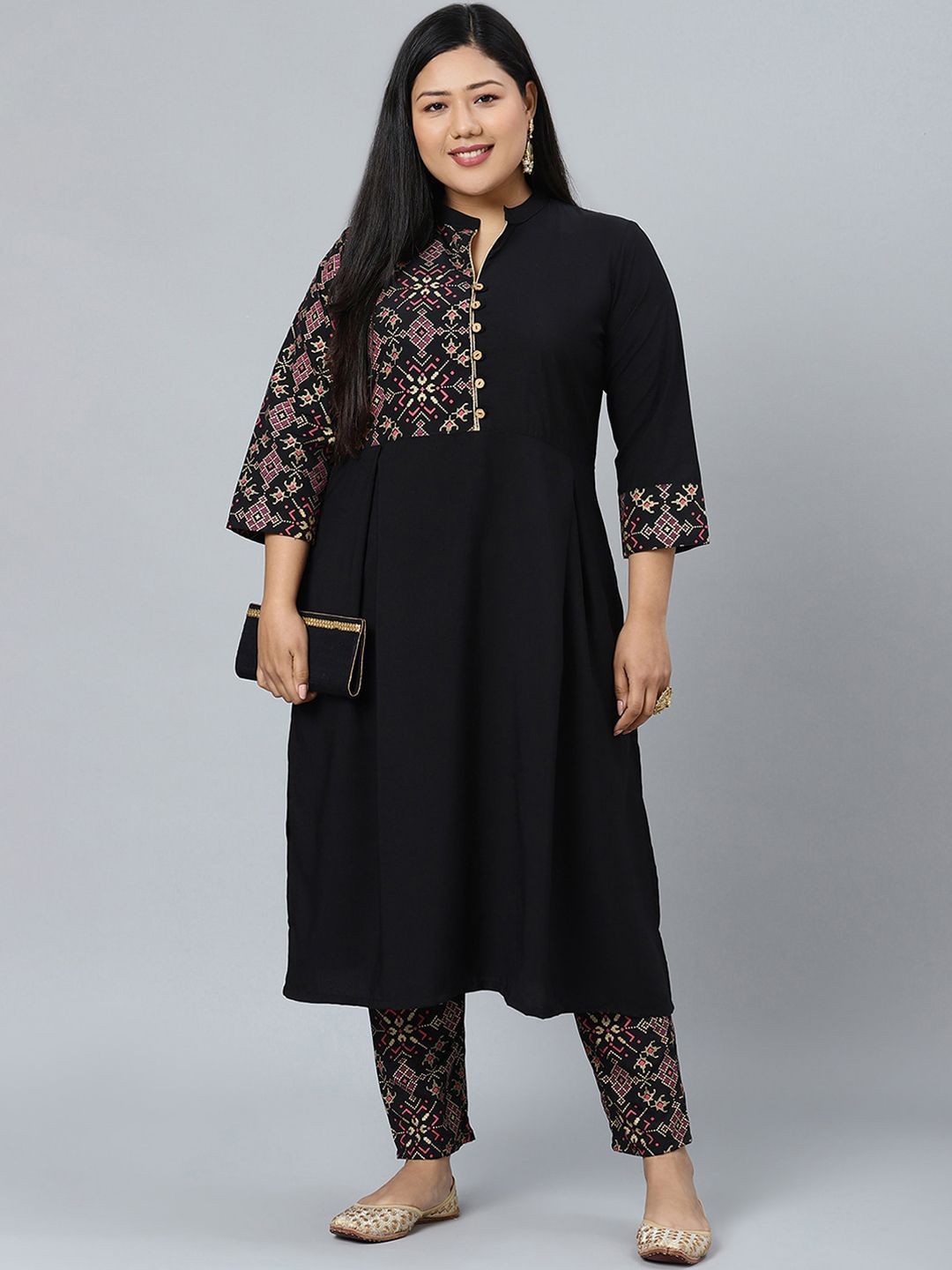 Sztori Plus Size Geometric Printed Mandarin Collar Straight Kurta With Trouser