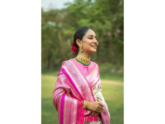 Aastha Fashion Women's Off White Banarasi Silk Meenakari Zari Woven Saree with Blouse - Grab2buy