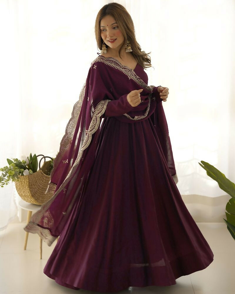 Joban Fashion Wine Kurta Set Chanderi Sequence Embroidery Work 
